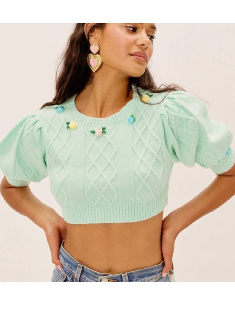 For Love & Lemons Sutton Cropped Sweater in Mint embellished flowers knit XS